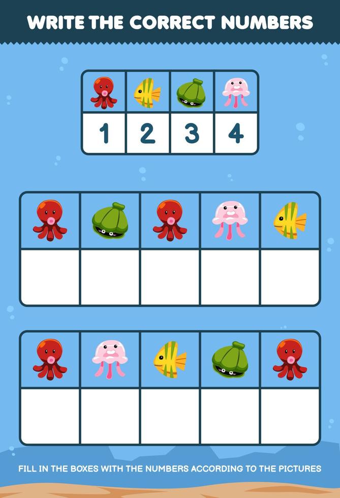 utbildning spel för barn skriva de rätt tal i de låda enligt till de söt bläckfisk skal fisk manet bilder på de tabell tryckbar under vattnet kalkylblad vektor