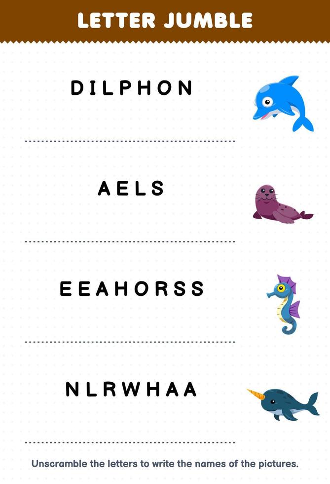 utbildning spel för barn brev virrvarr skriva de korrekt namn för söt tecknad serie delfin täta sjöhäst narval tryckbar under vattnet kalkylblad vektor