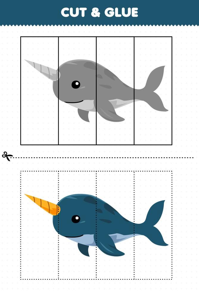Lernspiel für Kinder schneiden und kleben mit niedlichem Cartoon-Narwal zum Ausdrucken unter Wasser Arbeitsblatt vektor