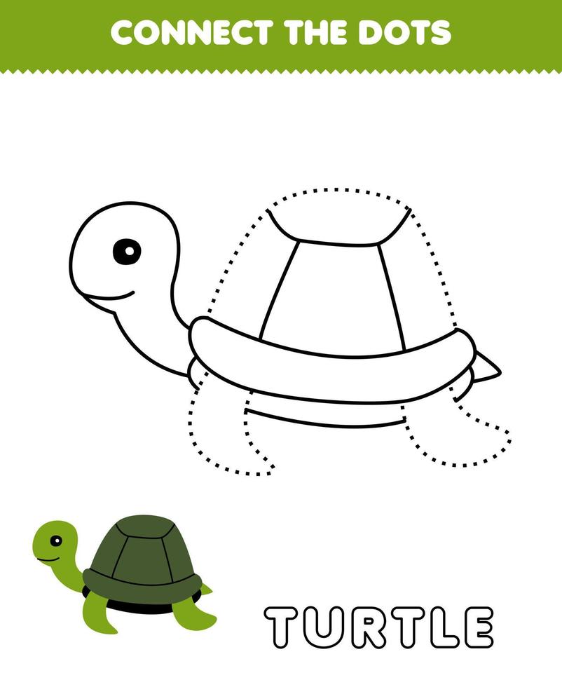 Lernspiel für Kinder Verbinden Sie die Punkte und Färben Sie die Praxis mit einem niedlichen Cartoon-Schildkröten-Unterwasser-Arbeitsblatt zum Ausdrucken vektor
