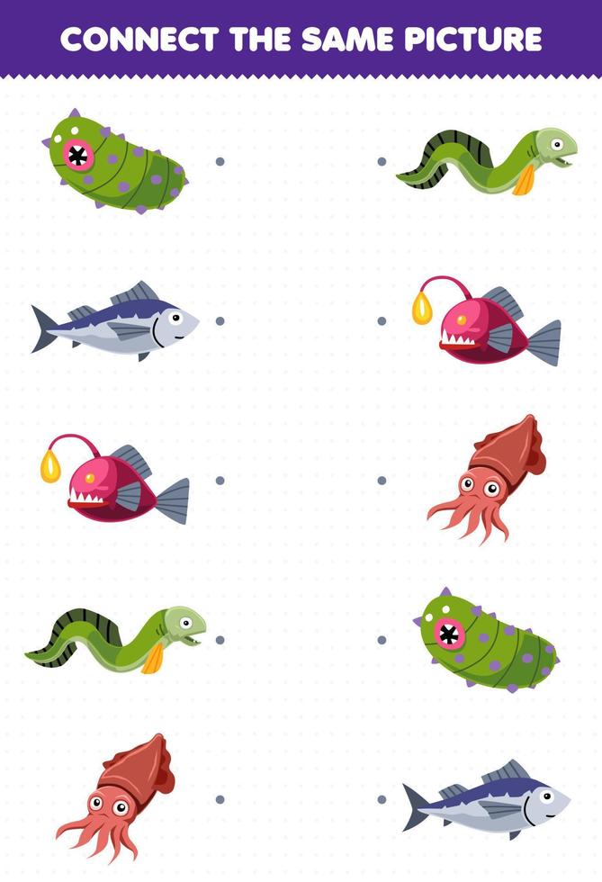 utbildning spel för barn ansluta de samma bild av tecknad serie hav gurka fisk ål bläckfisk tryckbar under vattnet kalkylblad vektor