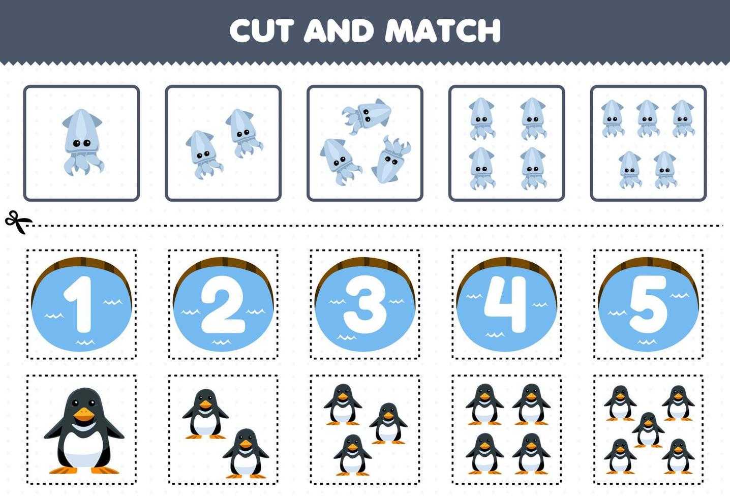 utbildning spel för barn skära och match de samma siffra av söt tecknad serie pingvin och bläckfisk tryckbar under vattnet kalkylblad vektor