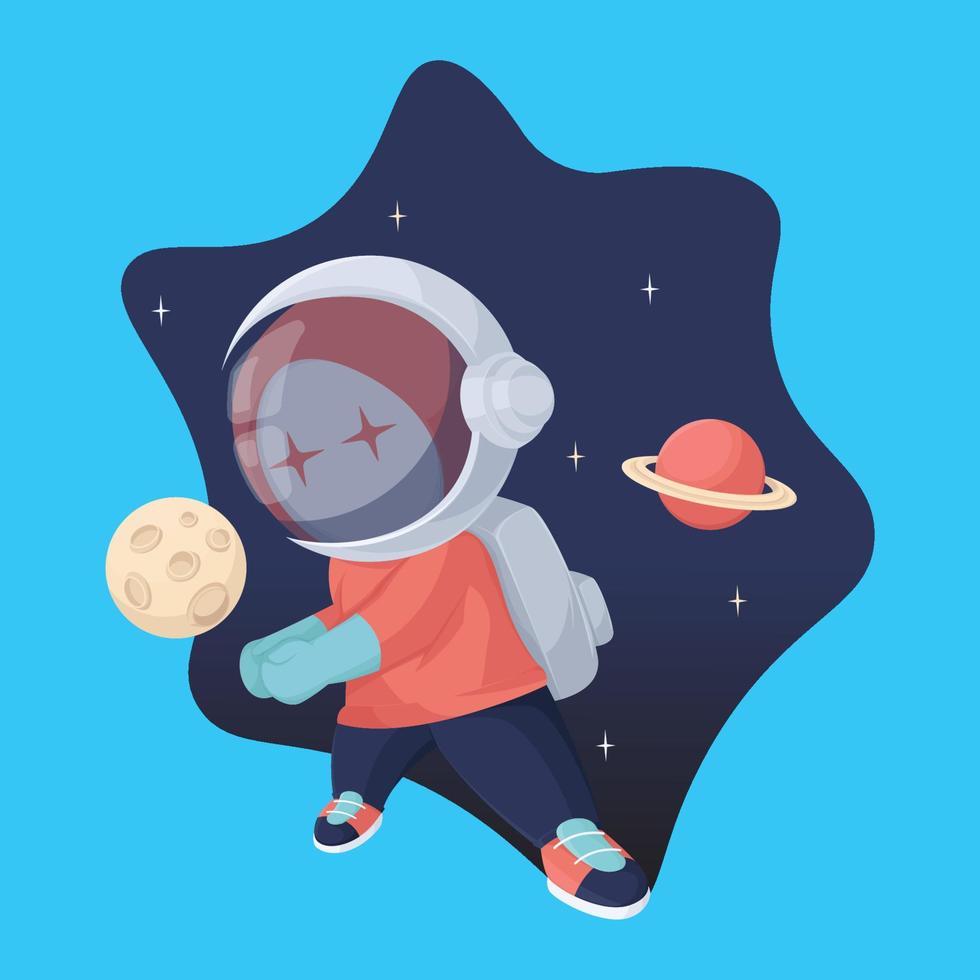 Punk-Astronauten-Charakter spielt mit Mond und Planeten vektor