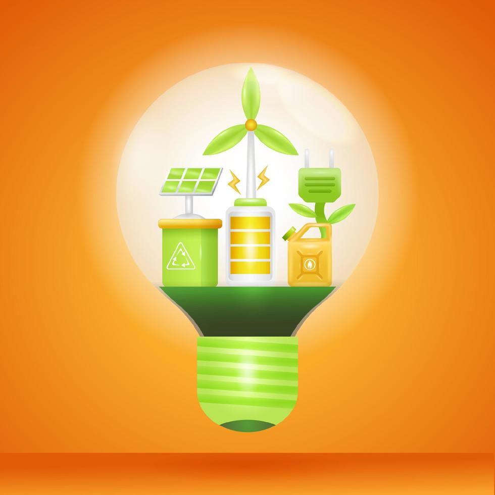 grüne Energie. 3D-Darstellung von Solarpanel, Windkraftanlage, Batterie und Benzin in der Lampe vektor