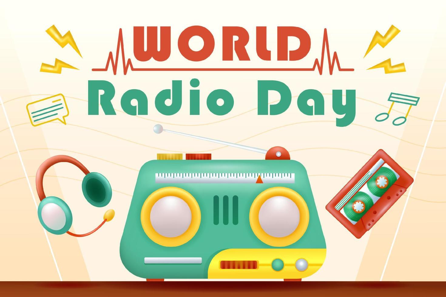 värld radio dag. 3d illustration av radio, headsetet och kassett vektor