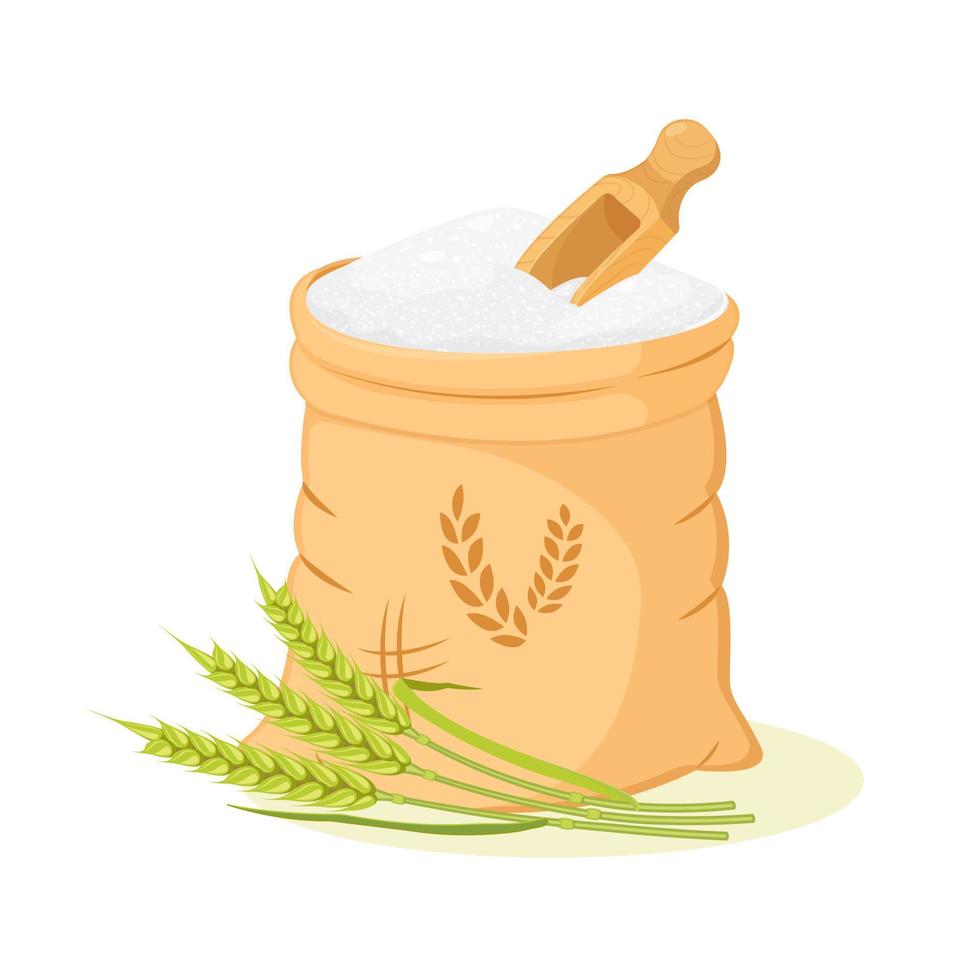 Beutel Mehl öffnen und schöpfen. Weizenprodukt. Mehlverpackungsdesign-Vektorillustration lokalisiert auf Weiß vektor