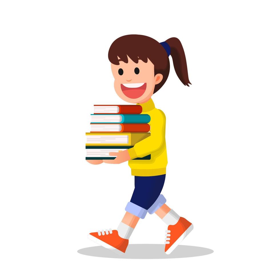 leende liten flicka bärande en lugg av böcker vektor