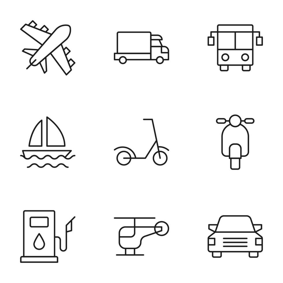 sammlung von neun zeilensymbolen von einfach, lkw, bus, segelschiff, roller, tankstelle, hubschrauber, für geschäfte, geschäfte, anzeigen, apps, ui. minimalistische bearbeitbare striche vektor