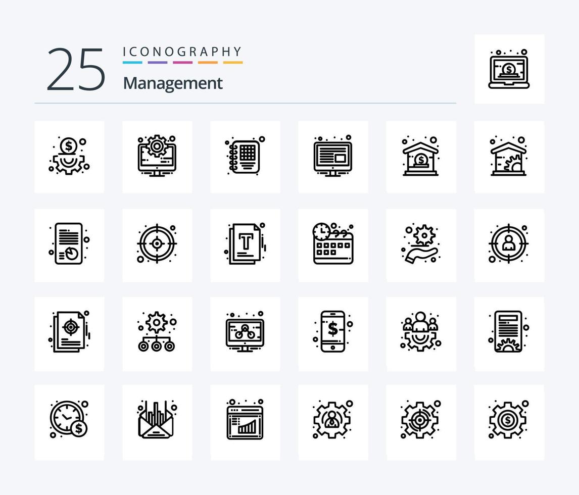 förvaltning 25 linje ikon packa Inklusive ekonomi. dollar. dagbok. företag. skärm vektor