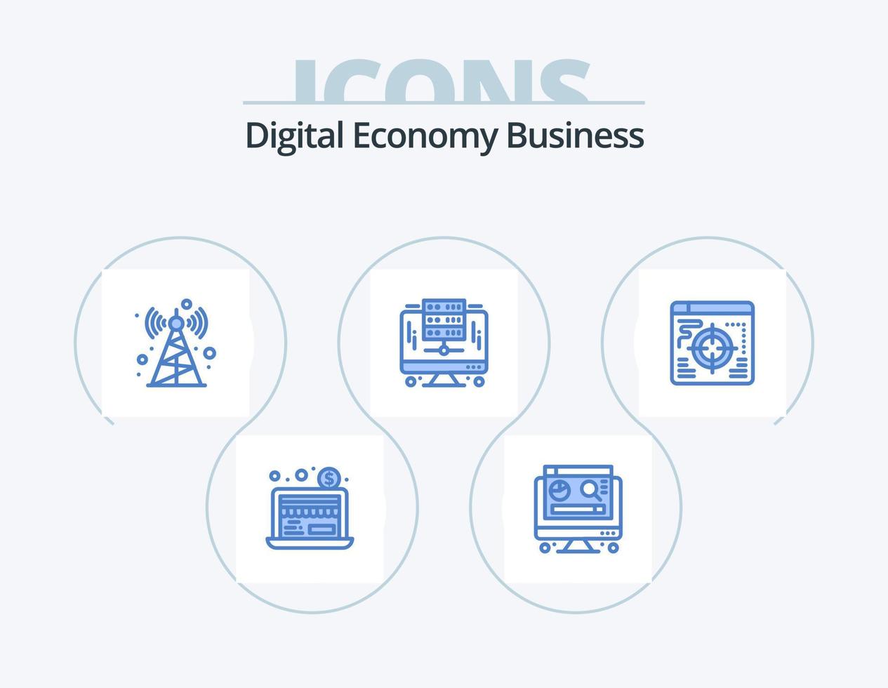 digitale Wirtschaft Business Blue Icon Pack 5 Icon Design. . Ziel. Turm. Geschäft. Server vektor