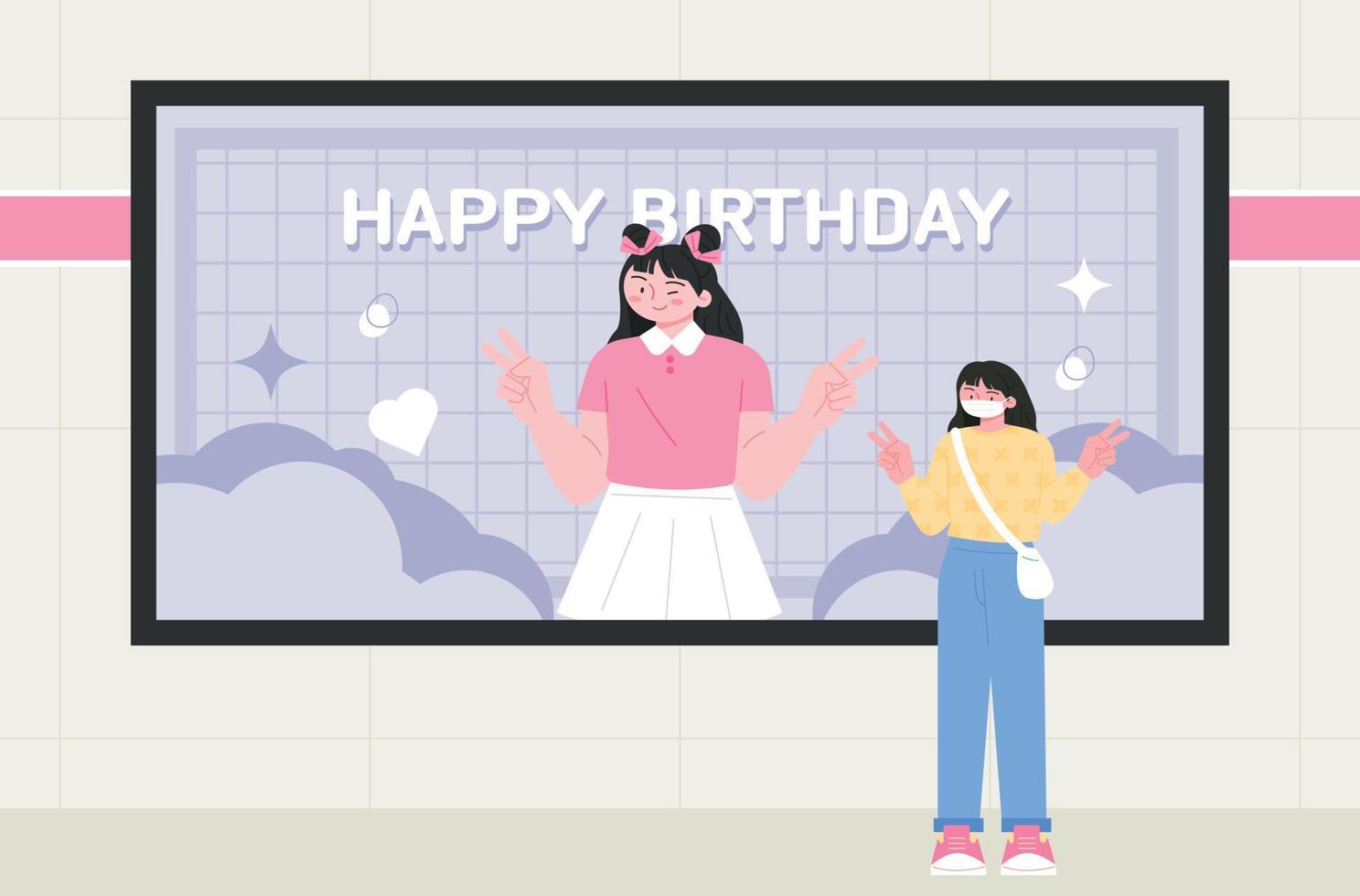 Ein Mädchenfan posiert vor dem Geburtstagsplakat eines Stars. koreanische Idolkultur. U-Bahn-Werbung zum Geburtstag. vektor