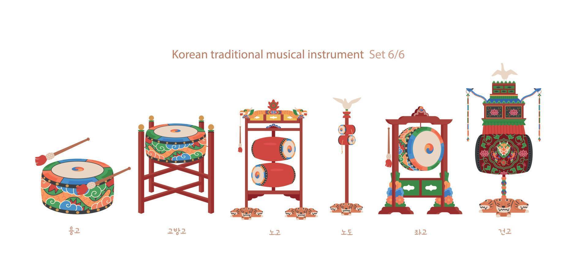 en samling av traditionell koreanska musikalisk instrument. vektor