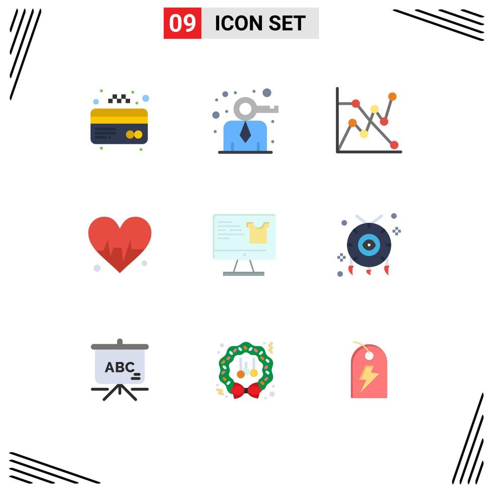 Gruppe von 9 flachen Farbzeichen und Symbolen für Zubehör überwachen Diagrammbildschirm Beat editierbare Vektordesign-Elemente vektor