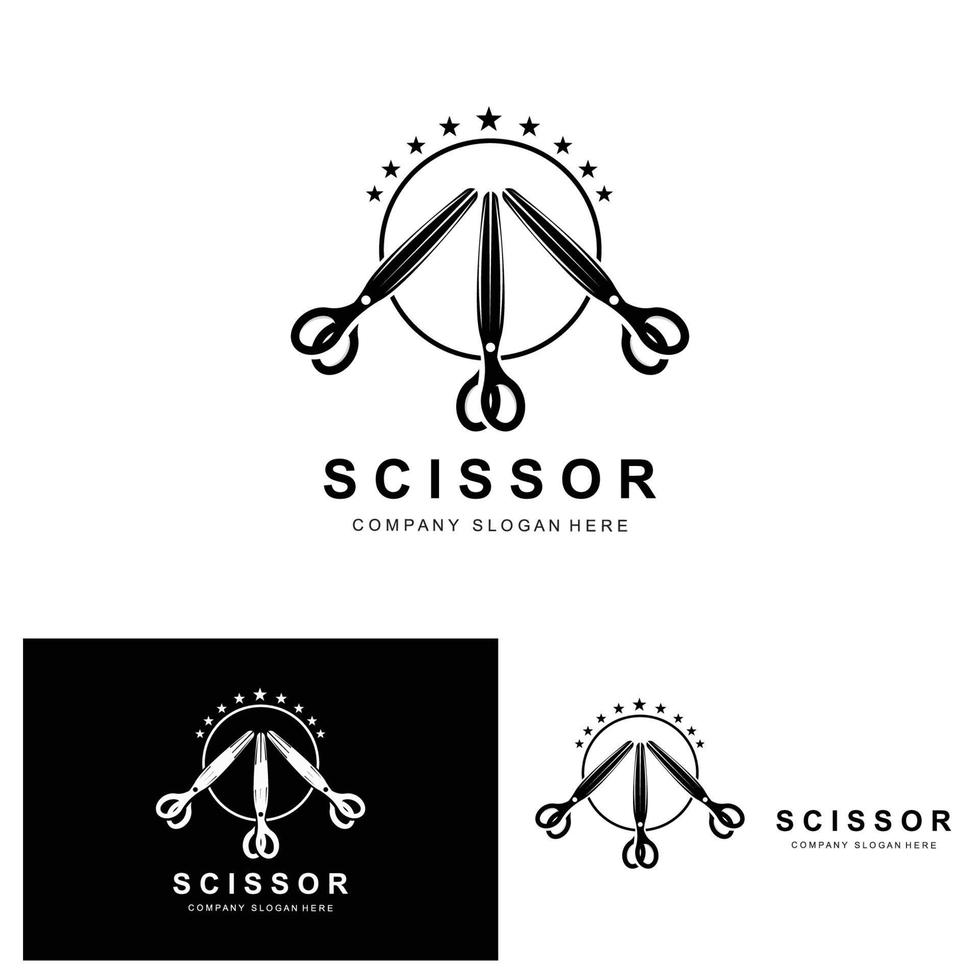 Scheren-Logo-Design, Vektorillustration-Schneidwerkzeug-Symbol-Aufkleber-Banner und Friseur-Firmenmarke vektor