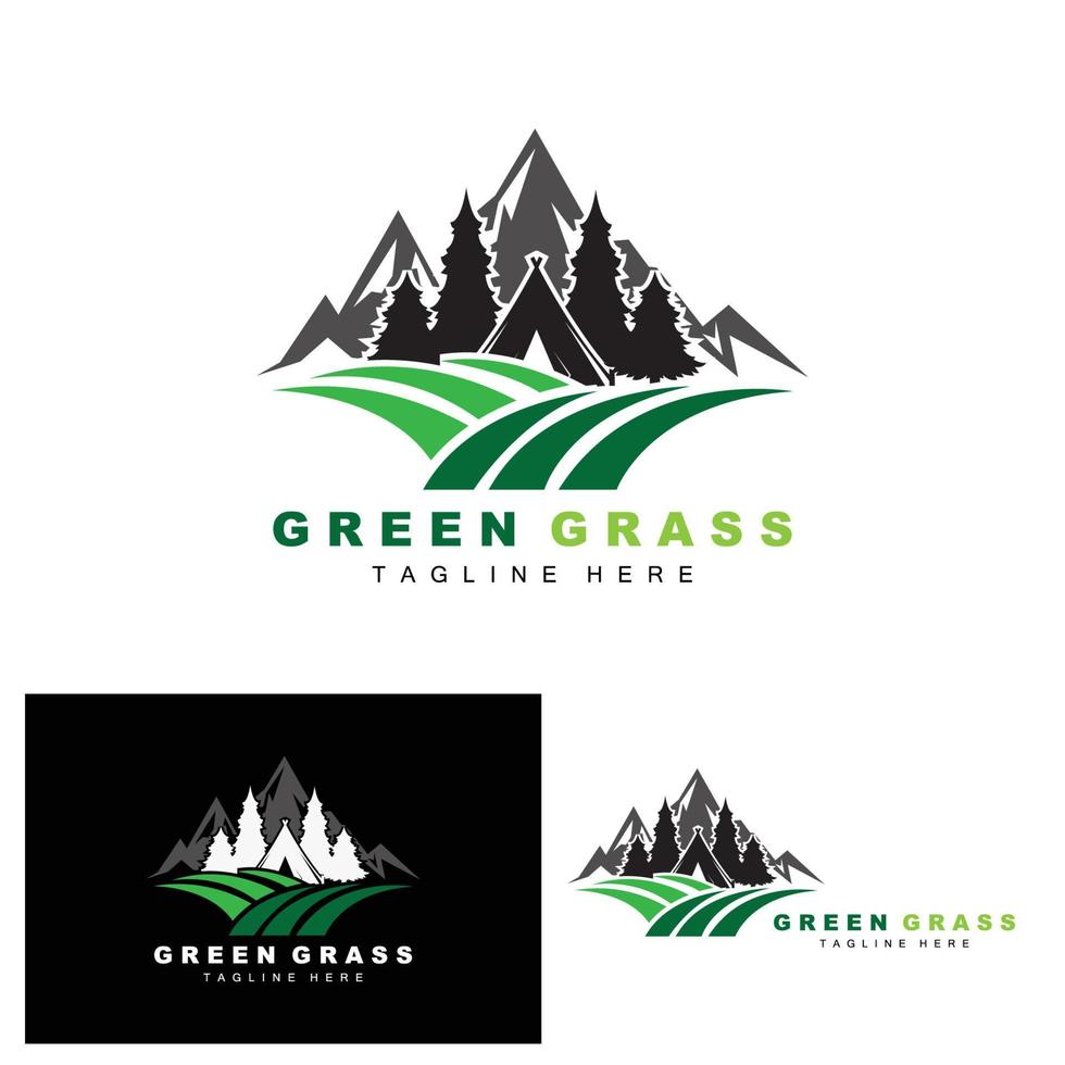 Logodesign des grünen Grases, Illustration der Bauernhoflandschaft, Vektor der natürlichen Landschaft