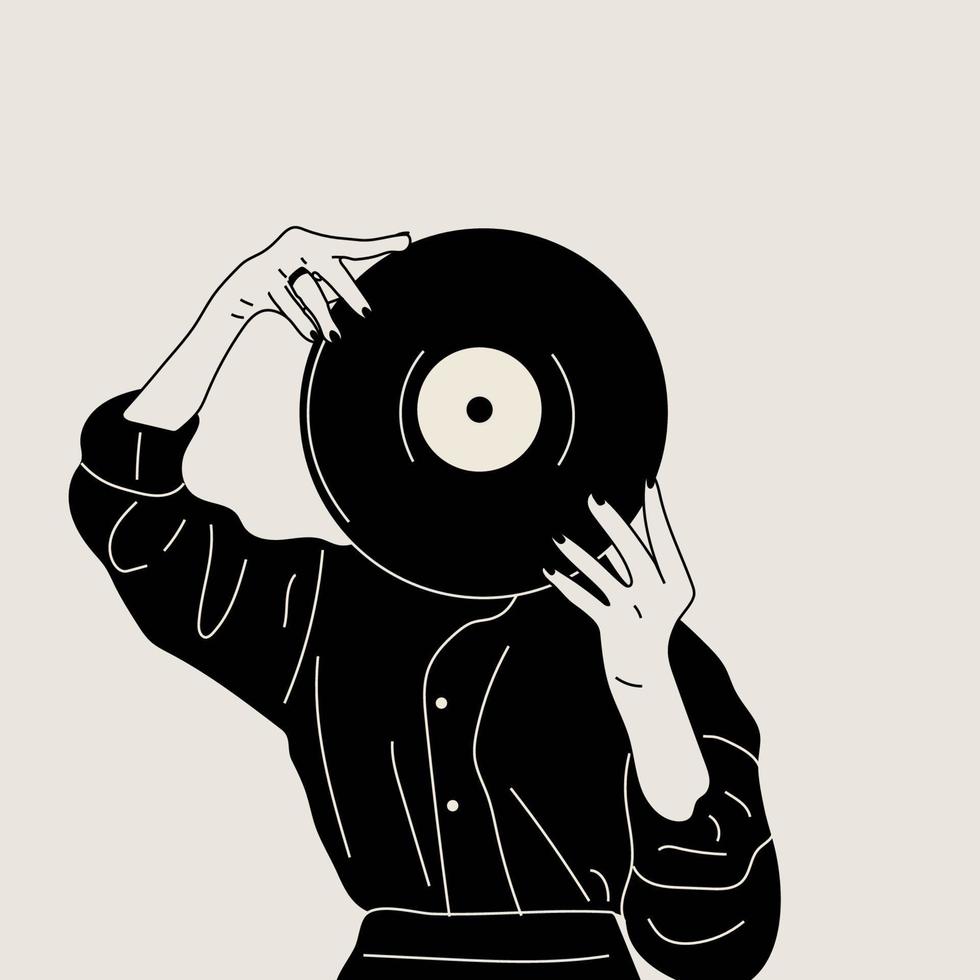 flicka innehar ett gammal vinyl spela in i henne händer .retro mode stil från 80-tal. vektor illustrationer i svart och vit färger.