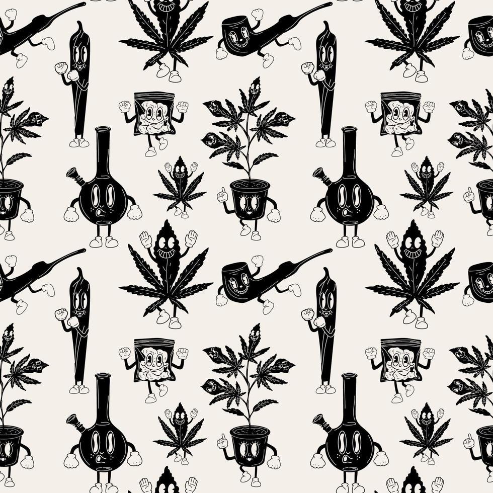 sömlös mönster med uppsättning av klistermärken tecknad serie maskot karaktär. medicinsk cannabis, ogräs, bong, glas burk, plast påse, cannabis cigarett, marijuana karaktär begrepp vektor