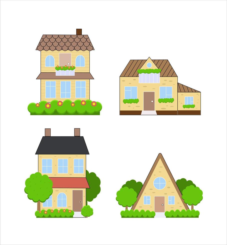 Vektordarstellung einer Vorderansicht eines Hauses mit Dach. Wohnung in einem Reihenhaus. Hausfassade mit Türen und Fenstern. verschiedene Häuser. vektor