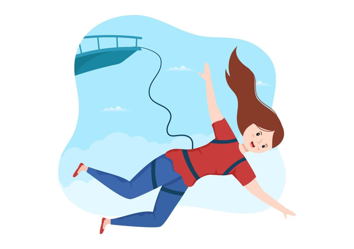 Bungee-Jumping-Illustration mit einer Person, die ein elastisches Seil trägt, das aus einer Höhe springt, in einer Vektorvorlage für flache Cartoon-Extremsportarten vektor