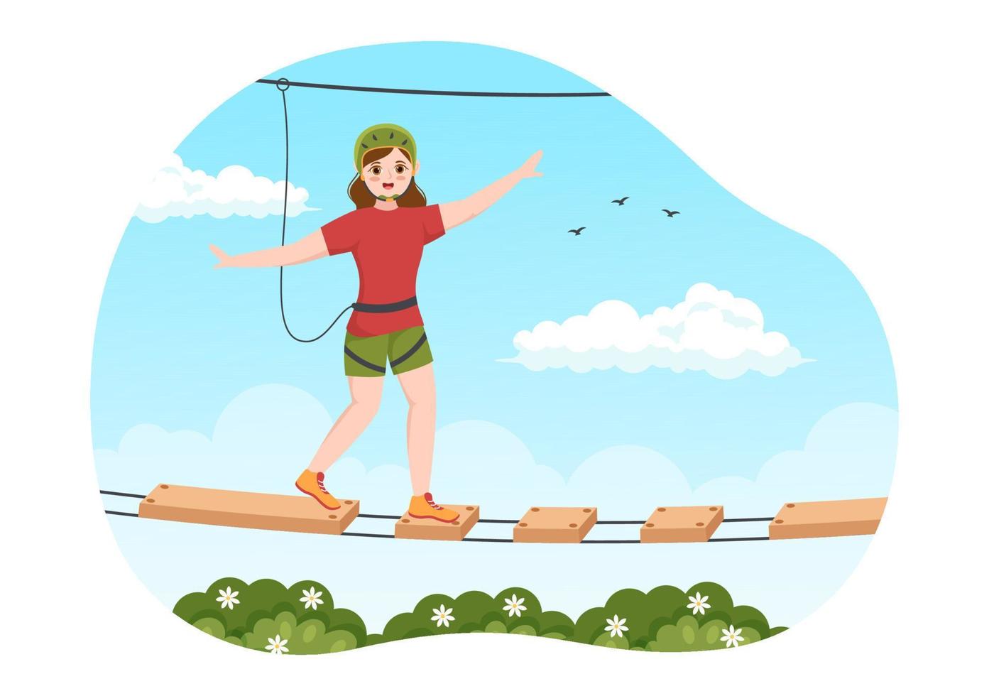 zip-line-illustration mit besuchern, die auf einem hindernisparcours und einem outdoor-seil-abenteuerpark im wald in handgezeichneten vorlagen von flachen cartoons spazieren gehen vektor