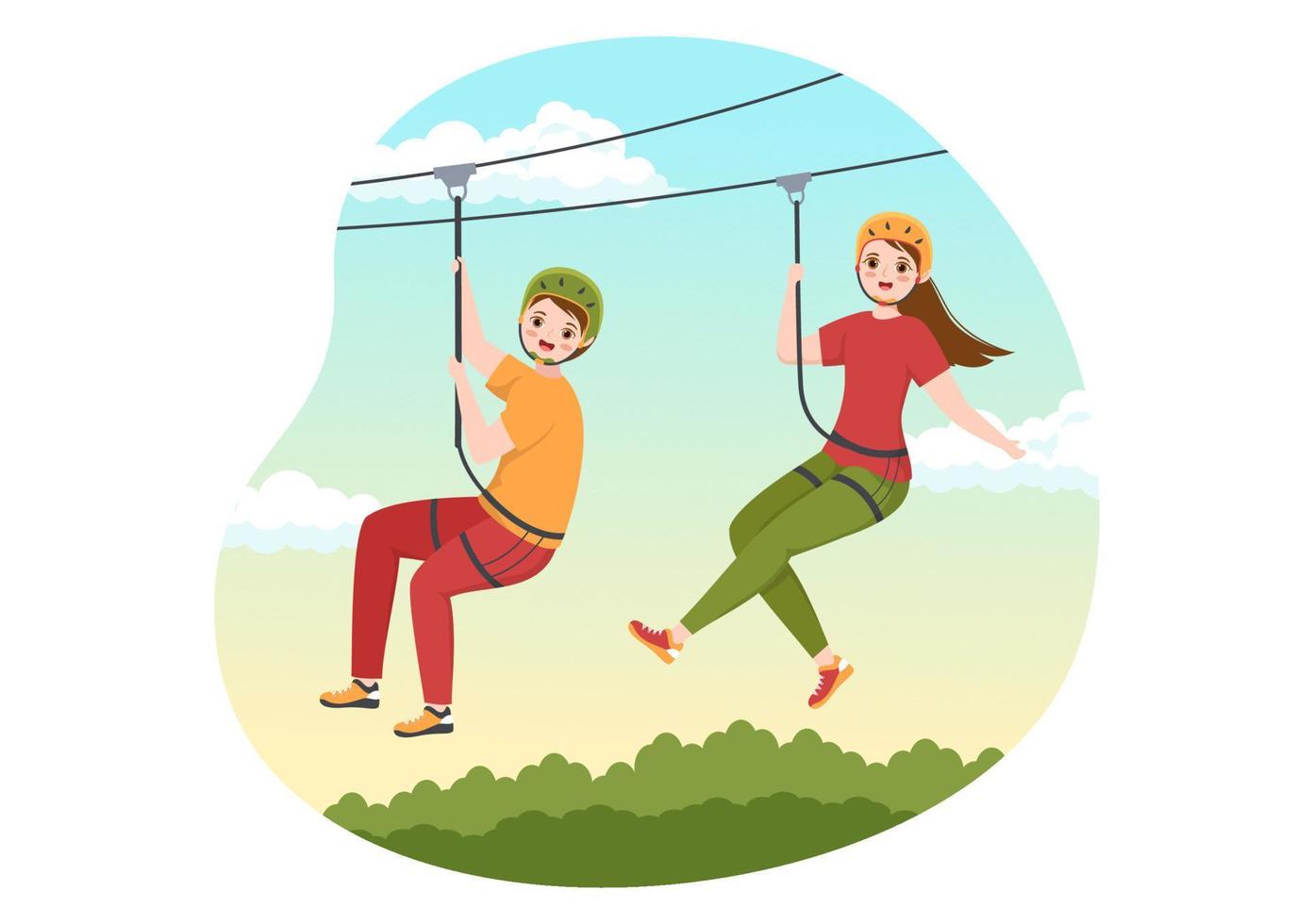 zip-line-illustration mit besuchern, die auf einem hindernisparcours und einem outdoor-seil-abenteuerpark im wald in handgezeichneten vorlagen von flachen cartoons spazieren gehen vektor