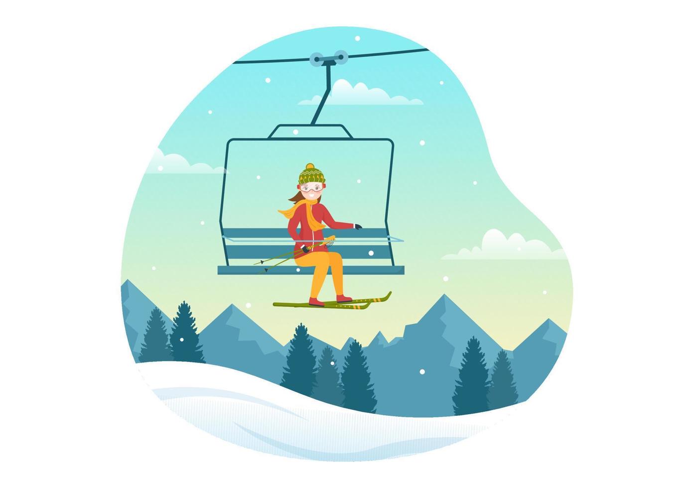 skiillustration mit skifahrern, die in der nähe von bergen rutschen und im skigebiet in flachen handgezeichneten vorlagen für wintersportaktivitäten bergab gehen vektor