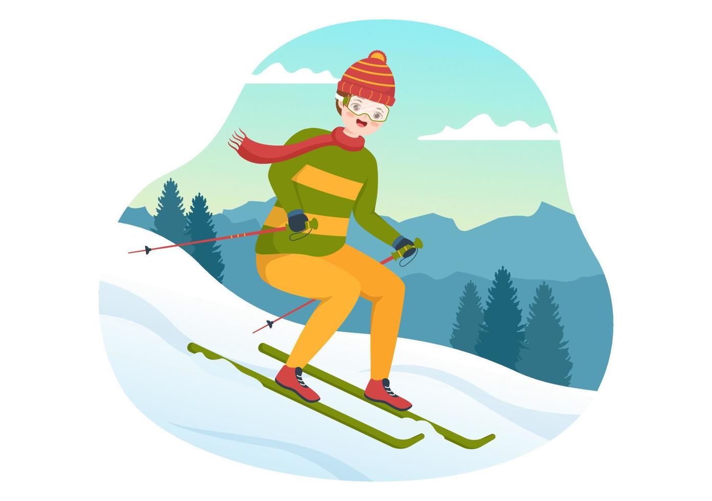 skiillustration mit skifahrern, die in der nähe von bergen rutschen und im skigebiet in flachen handgezeichneten vorlagen für wintersportaktivitäten bergab gehen vektor