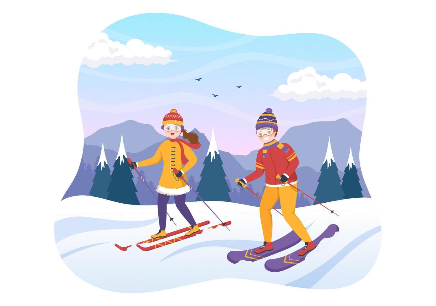 åka skidor illustration med skidåkare glidning nära berg gående utför i skidåkning tillflykt i platt vinter- sport aktiviteter tecknad serie hand dragen mallar vektor