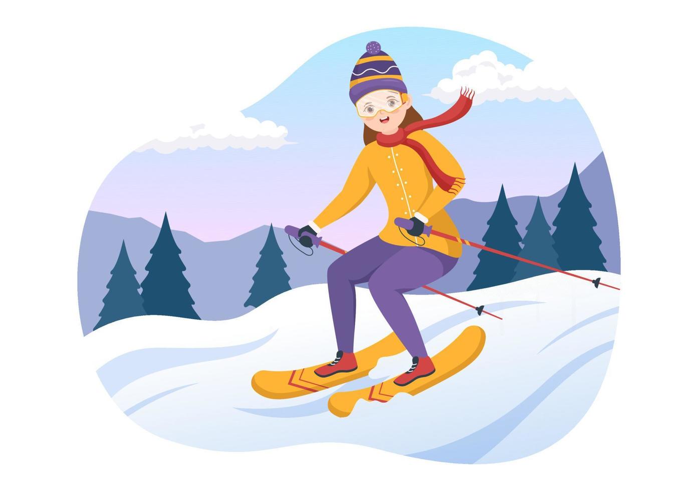 skiillustration mit skifahrern, die in der nähe von bergen rutschen und im skigebiet in flachen handgezeichneten vorlagen für wintersportaktivitäten bergab gehen vektor