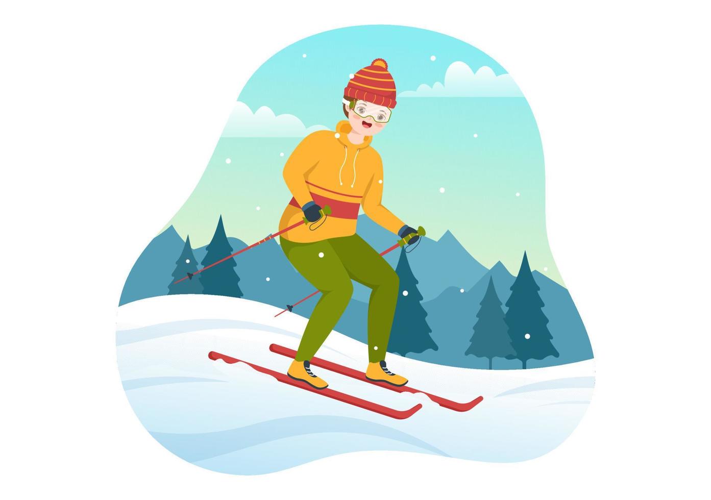 skiillustration mit skifahrern, die in der nähe von bergen rutschen und im skigebiet in flachen handgezeichneten vorlagen für wintersportaktivitäten bergab gehen vektor