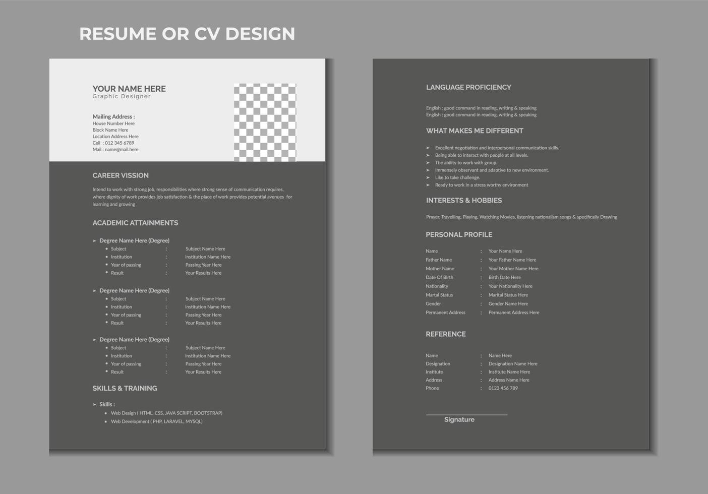 dubbel- sidor återuppta eller CV mall design vektor