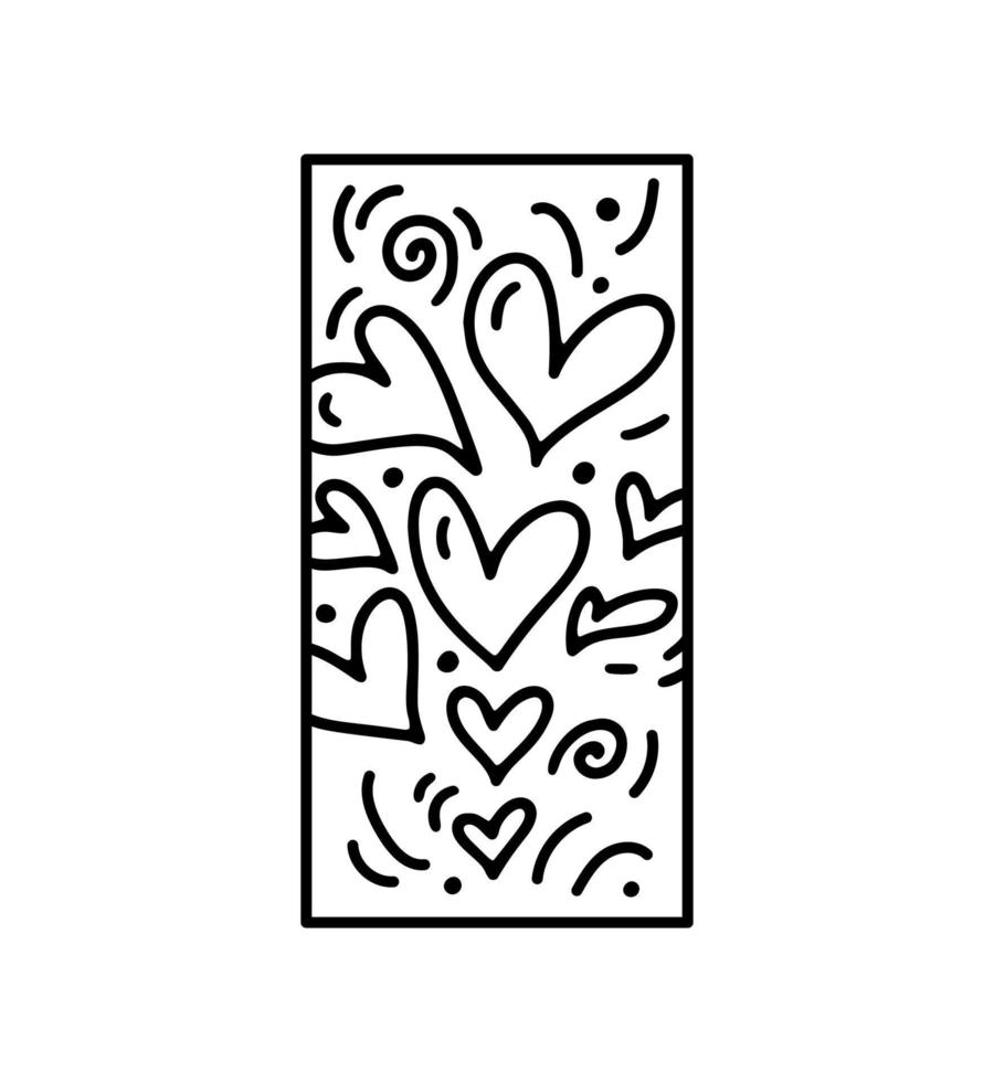 Valentinsgrußvektorzusammensetzung mit Herzen und Strudeln. hand gezeichnetes liebesfeiertagserbauerlogo im rechteckigen vertikalen rahmen für grußkarte, webdesigneinladung vektor