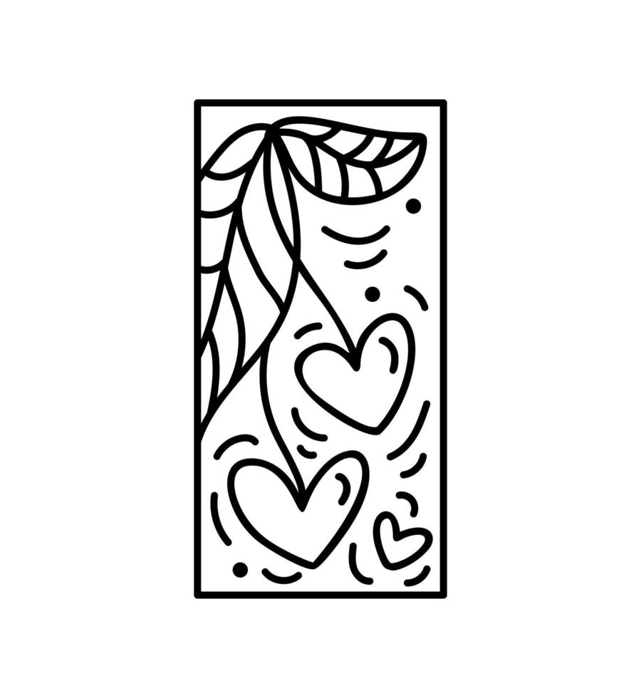 Valentinsgrußvektorzusammensetzung glückliche Charries mit Blättern und Herzen. hand gezeichnetes liebesfeiertagserbauerlogo im rechteckigen vertikalen rahmen für grußkarte, webdesigneinladung vektor
