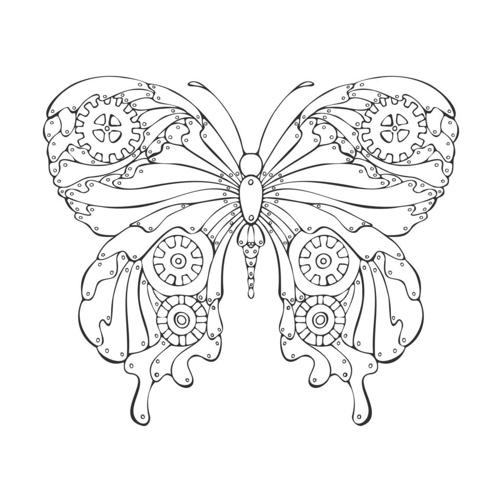 Steampunk-Schmetterlingsumriss lineare Zeichnung handgefertigt im Doodle-Stil. vektor