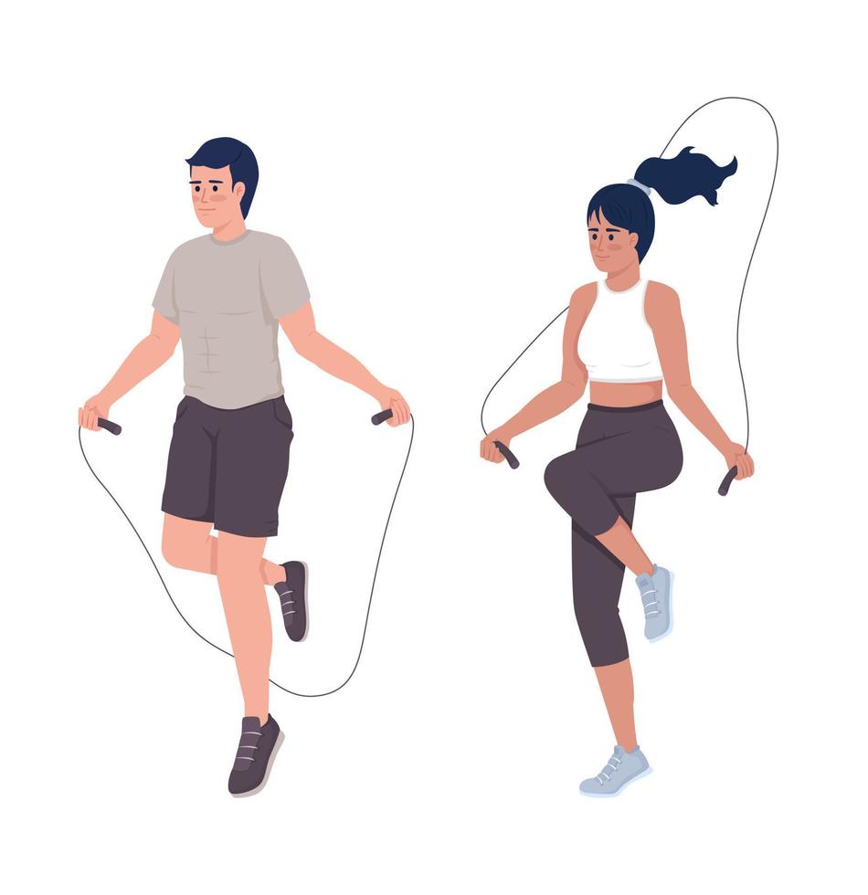 beim Springseiltraining halbflacher Farbvektorcharakter. editierbare Figur. Ganzkörpermenschen auf Weiß. cardio-übung einfache cartoon-stilillustration für webgrafikdesign und -animation vektor