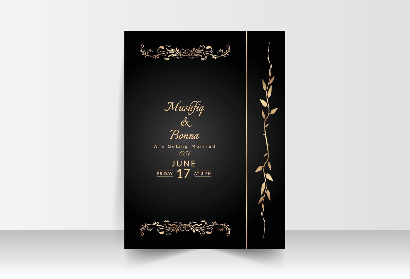 svart bakgrund bröllop kort med gyllene blommig design vektor