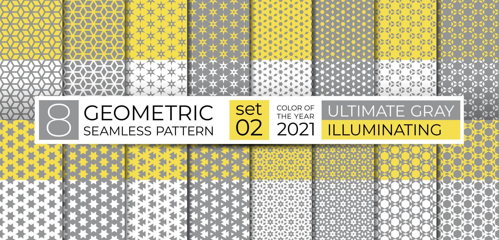 Sammlung sich wiederholender abstrakter Texturen in ultimativem Grau und leuchtendem Gelb. geometrisches nahtloses muster mit kreis, linie, polygon und stern für hintergrund, tapete, textil. ethnische Verzierung vektor