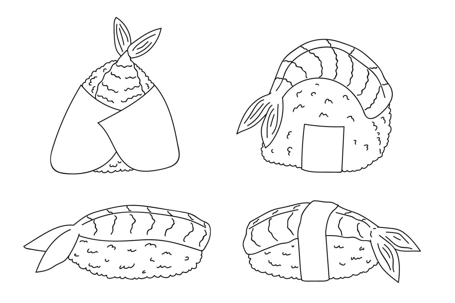 hand dragen sushi och onigiri med räka. japansk traditionell kök maträtter. asiatisk mat ClipArt uppsättning vektor