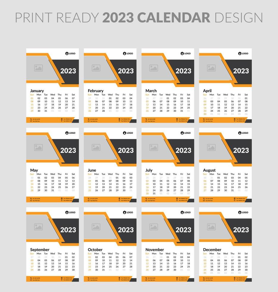 monatliche horizontale Wandkalender 2023 Designvorlage. Woche beginnt am Sonntag. Satz von 12 Monaten. vektor