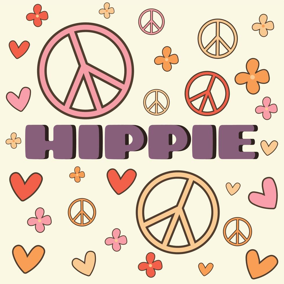 ikon, klistermärke i hippie stil med text hippie och blommor, hjärtan, fred tecken på beige bakgrund i retro stil vektor