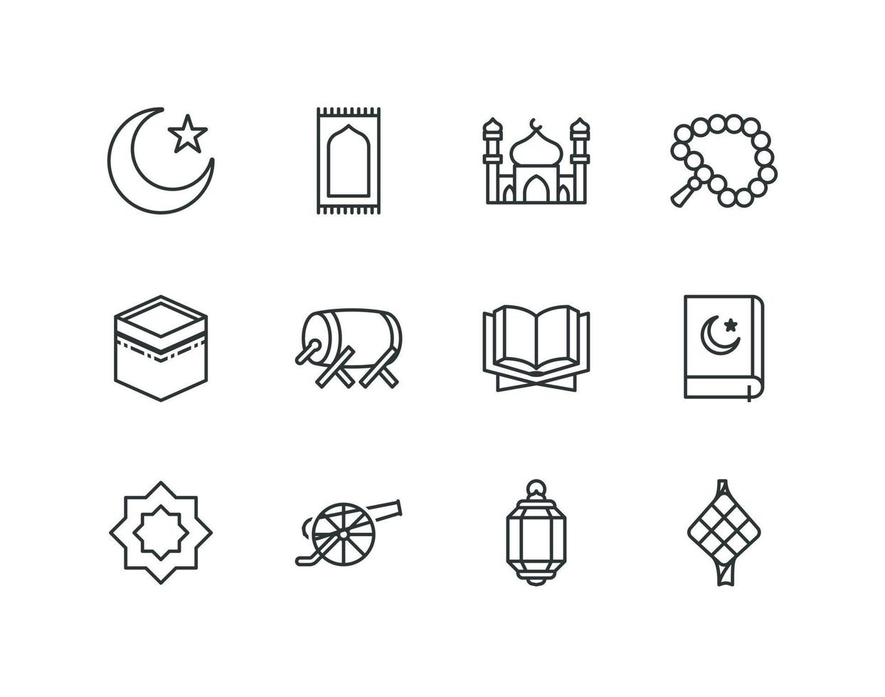 Ramadan-Umriss-Icon-Set mit islamischen und muslimischen Symbolen vektor