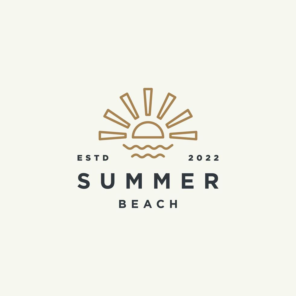 Sommersonne-Logo, Sonnenuntergang, Sonnenaufgang mit Strand, Ozean, Meerwasser, Logo-Symbol, Vektor in trendiger Linie, linearer, abstrakter Umriss-Logo-Vektor für Hotel oder Spa