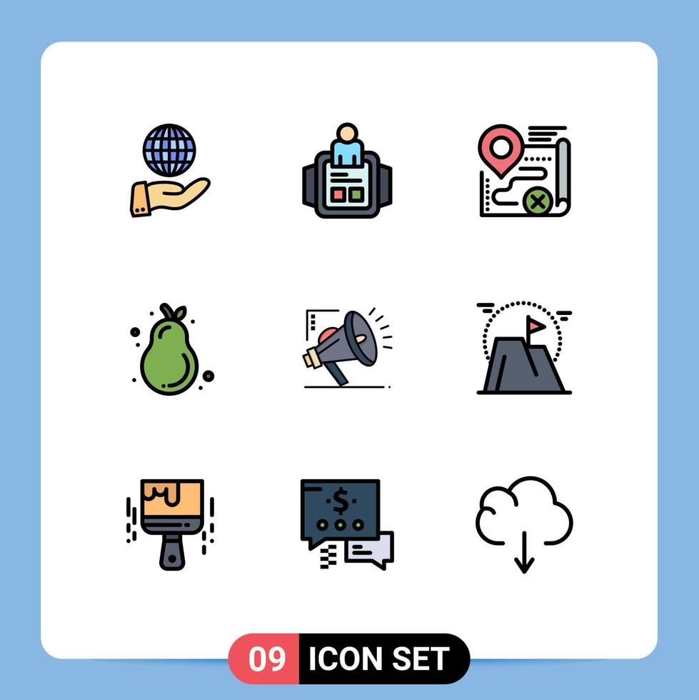 uppsättning av 9 kommersiell fylld linje platt färger packa för marknadsföring päron Karta avokado annullera redigerbar vektor design element