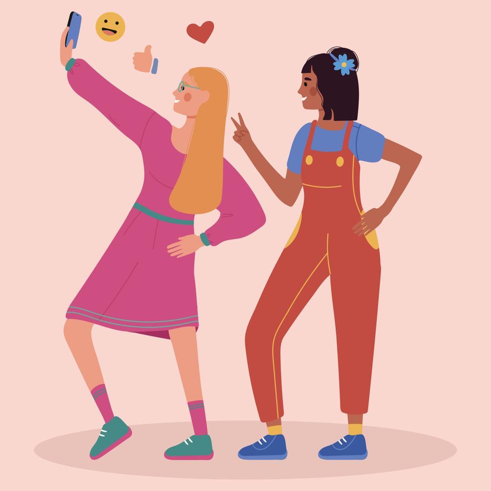 Zwei Mädchen machen ein Selfie, stehen im Profil in verschiedenen Posen und verschiedenen Rassen. wie, Herz und Emoticon-Symbol im Hintergrund. Vektor-Illustration auf hellem Hintergrund. vektor
