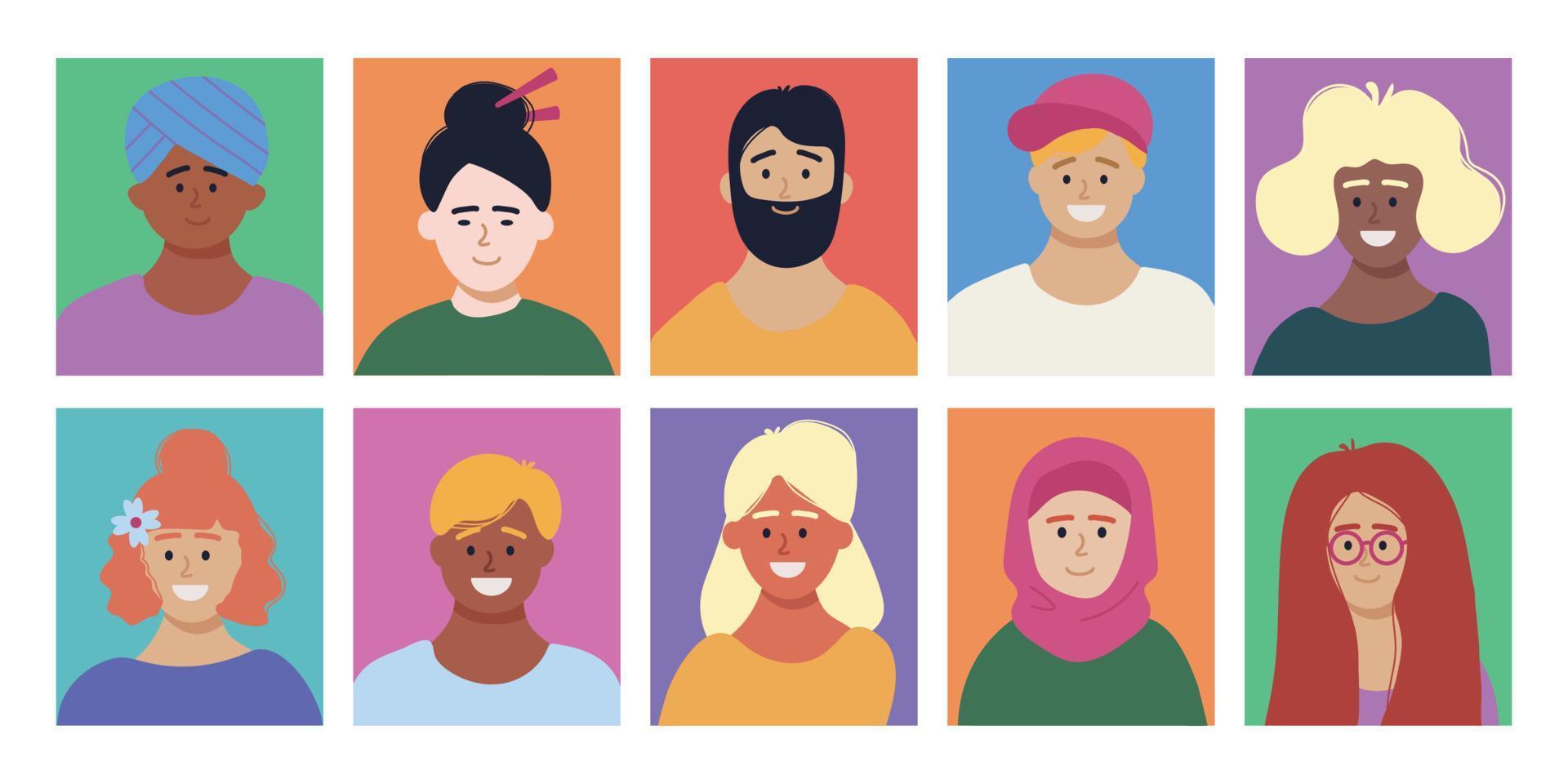 uppsättning av Lycklig människor avatarer, tecken i färgad rutor. män och kvinnor av annorlunda kulturer och nationaliteter. social mångfald. platt vektor illustration.