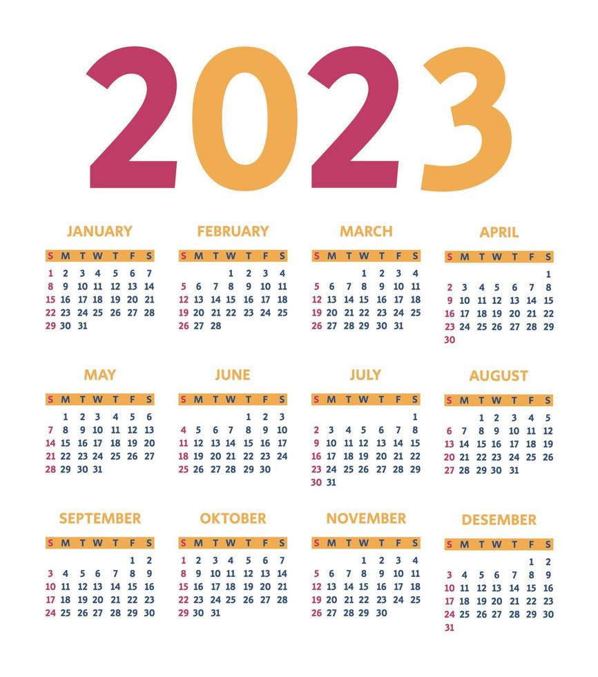 2023 kalender. årlig kalender 2023 mall. de vecka börjar på söndag. kalender i blå, röd, gul färger på de vit bakgrund. vektor