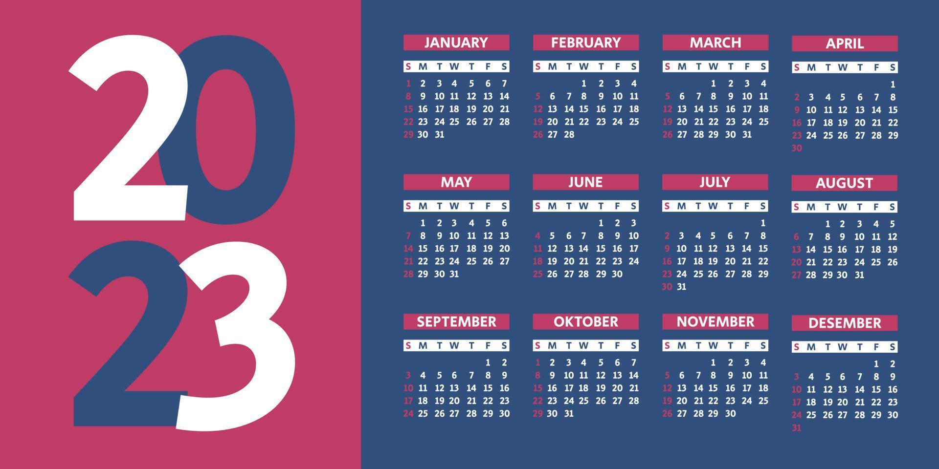 2023 kalender år vektor illustration. de vecka börjar på söndag. kalender 2023 mall. kalender design på de mörk bakgrund. vektor
