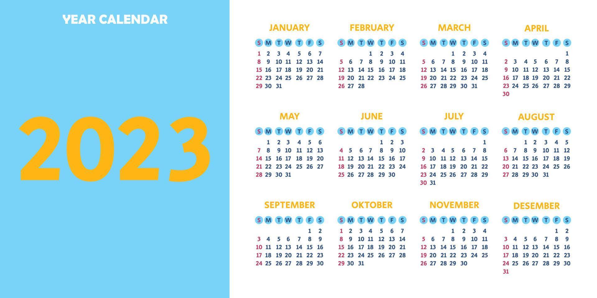 2023 kalender år, vektor. de vecka börjar på söndag. årlig kalender 2023 mall. kalender design i blå, gul och vit färger. vektor