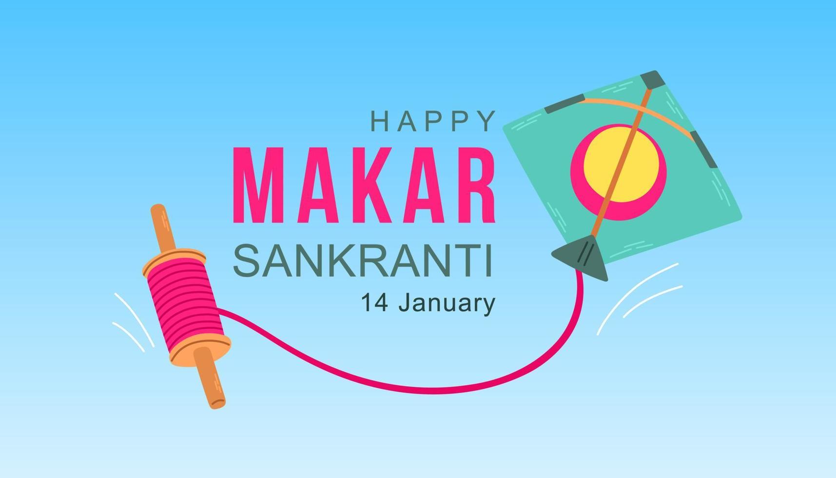 Happy Makar Sankranti Vektordesign Hintergrundbild mit bunter Drachenschnur für das Festival von Indien vektor