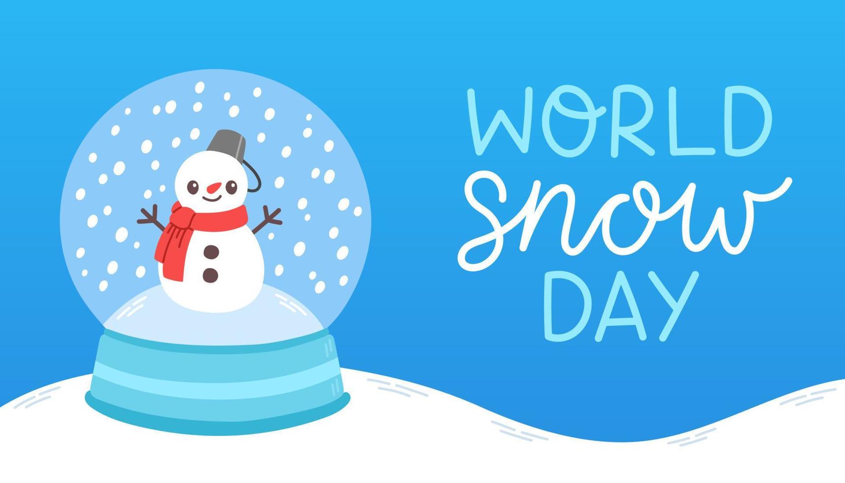 värld snö dag. jul snö boll med liten snögubbe och snöflingor. platt design vektor